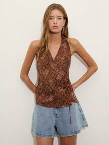 Nöista Top cruzado de cuello halter con estampado en colores marrón y naranja tostado, cierre lateral. Verano Primavera - Marrón - Ver 4