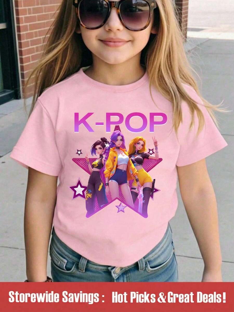 SHEIN Young Girls' Minimalist Printed Round Neck Basic Short Sleeve T-Shirt - Pink - View 1