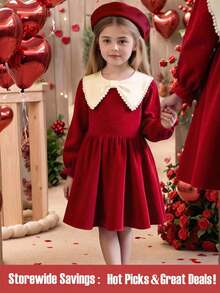 SHEIN Autumn Young Girls Soft & Comfortable Long Sleeve Sequin Faux Pearl Collar Dress, Elegant & Versatile Red Dress Suitable For Various Occasions: Christmas, Gatherings, Parties, Birthdays, Celebrations, Events, Spring/Autumn/Winter  Princess Halloween/Christmas Party  Dresses Party Dress For Young Girls In Winter Elegant Red Dress Kids - Red - View 2