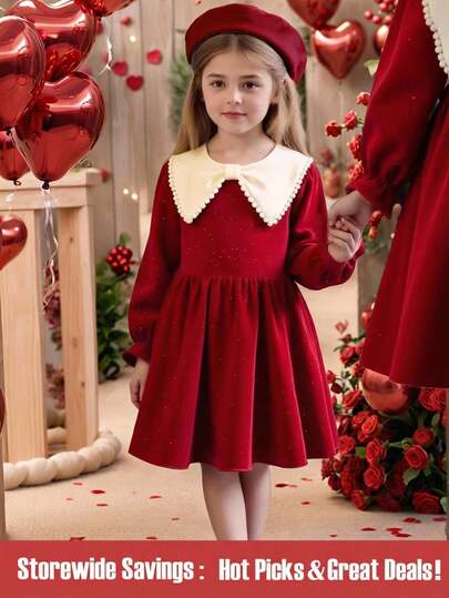 SHEIN Autumn Young Girls Soft & Comfortable Long Sleeve Sequin Faux Pearl Collar Dress, Elegant & Versatile Red Dress Suitable For Various Occasions: Christmas, Gatherings, Parties, Birthdays, Celebrations, Events, Spring/Autumn/Winter  Princess Halloween/Christmas Party  Dresses Party Dress For Young Girls In Winter Elegant Red Dress Kids