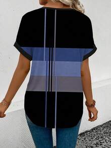 EMERY ROSE 女士宽松V领短袖T恤，休闲拼接印花，适合秋夏季穿着 - 彩色 - 查看 2