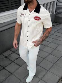 EGENSIO Men's Casual Beige Letter Print Striped Short Sleeve Shirt - Apricot - View 6