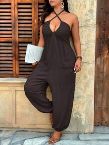 Breezaya 大码纹理V领口袋抽绳连体裤，居家、外出和度假休闲装 - 咖啡棕 - 查看 3