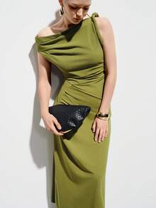 Aveloria Modichic Robe longue élégante et luxueuse pour femmes, avec épaule asymétrique froncée et sexy pour soirée - Vert - Voir 6
