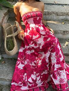 Sunnyshic European And American Fashion Casual Holiday Series Exquisite Elegant Printed Casual Long Waist-Cinched Strapless Slim Summer Dress For Women - Burgundy - View 4