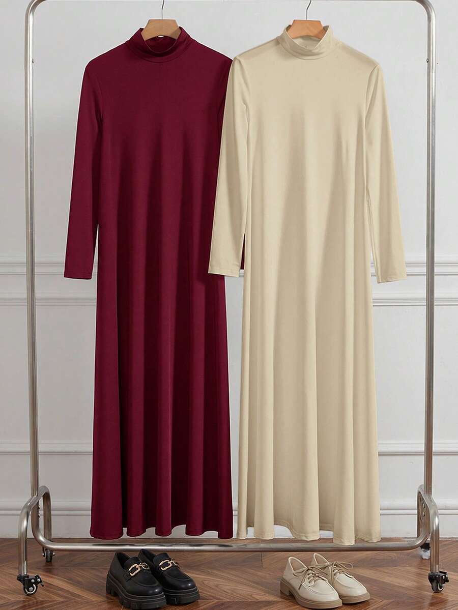 Al Najma Bộ áo lót dài tay cổ cao màu đen trắng kín đáo dành cho nữ và váy Abaya, áo thun thường ngày giản dị kiểu Ả Rập, váy mặc trong Abaya, váy dài cơ bản thiết yếu. - Nhiều màu - Xem 1