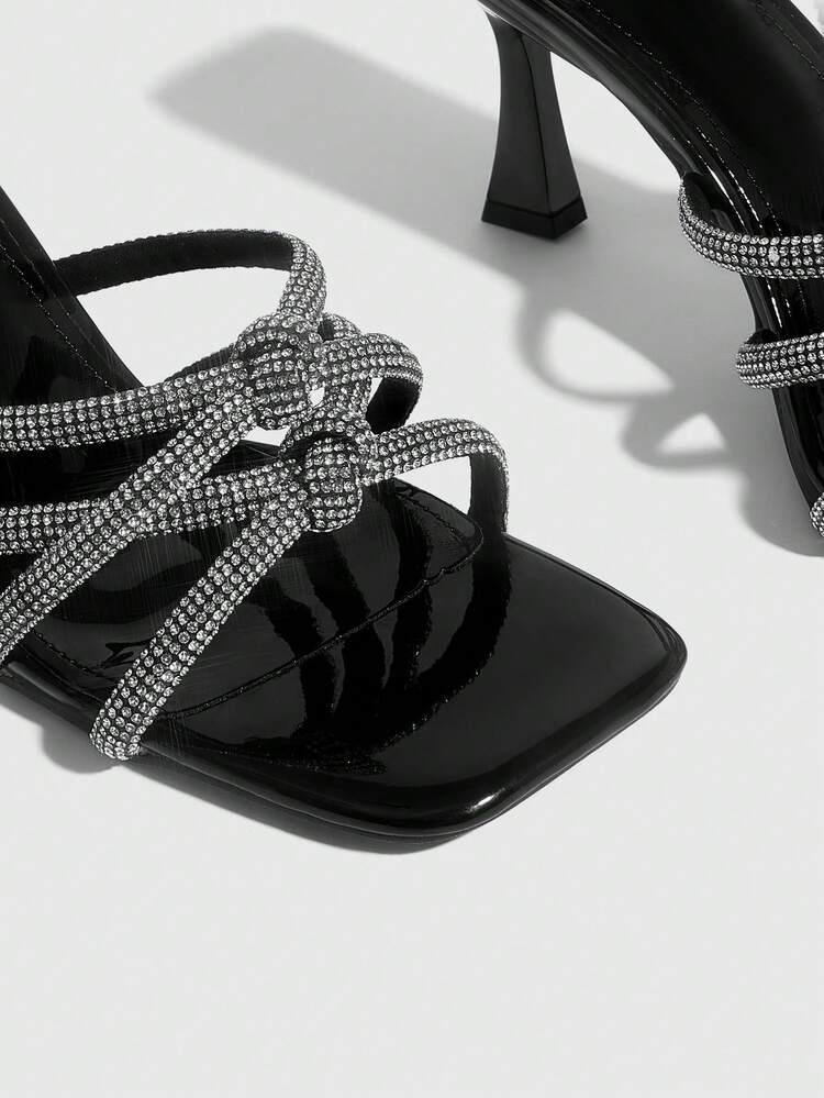 CUCCOO SZL Women Shoes Summer New Square Toe Stiletto Black Rhinestone Strip Knotted Women's Fashion High Heel Sandals Slippers Fashion Sexy Party Nightclub Women's Sandals Women's Shoes
