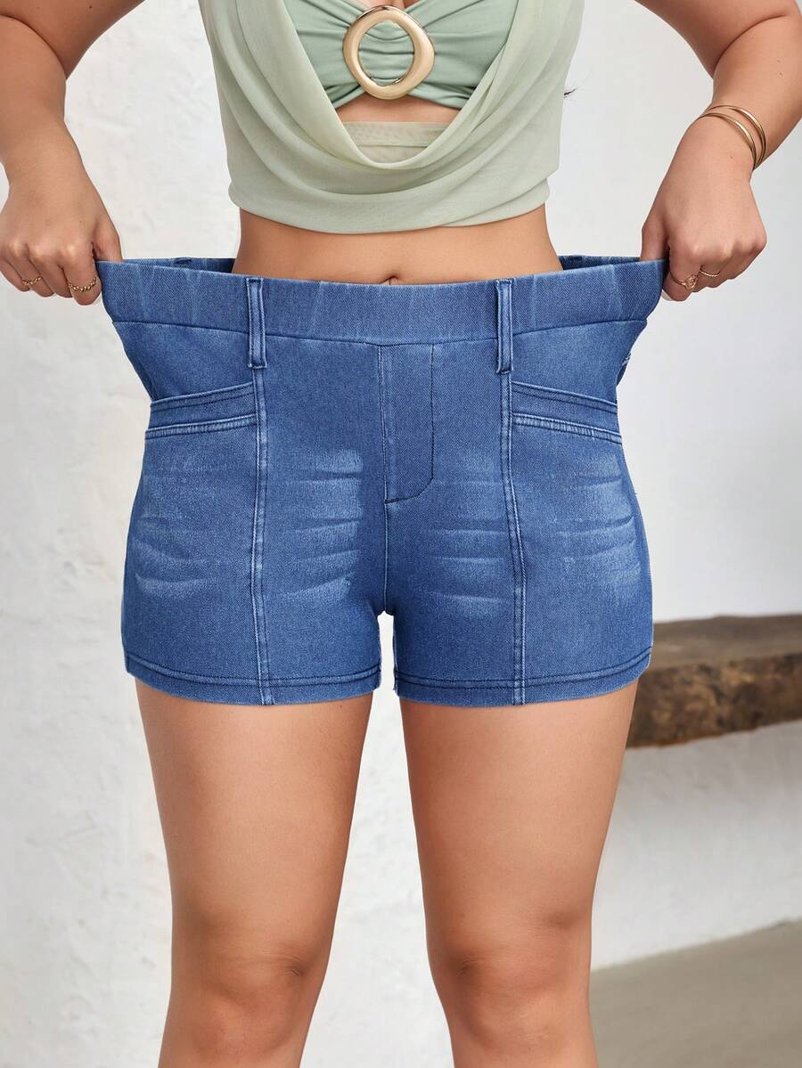 Flexra 女士弹力腰紧身休闲百搭牛仔短裤 - 藍色 - 查看 1