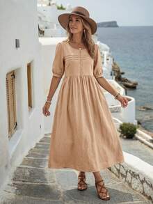 EMERY ROSE Đầm nữ tay ngắn cổ tròn màu trơn, kiểu dáng thường ngày - Màu be - Xem 3