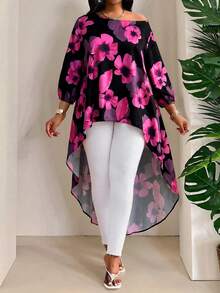 SHEIN Lady 2026春夏新款优雅通勤办公休闲波西米亚风彩色编织圆领高低摆七分袖大码T恤 大码衬衫 波西米亚风上衣 工作上衣 海滩度假优雅女式上衣 波西米亚风大碎花海滨度假 - 彩色 - 查看 5