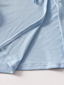 SHEIN 2pcs/Set Cardigan Rajut Bergaris Kasual Musim Semi/Musim Gugur untuk Remaja Perempuan Bertubuh Mungil dengan Dekorasi Pita dan Gaun Selip Chiffon Motif Bunga Elegan - Baby Blue - View 9