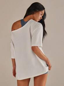 Athîral Women's Loose Fit Open Shoulder Orange Coconut Tree Print Cotton T-Shirt, Suitable For Beach Vacation - White - View 2