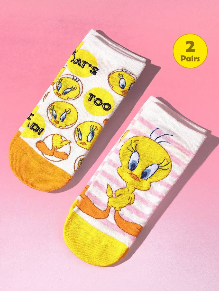 LOONEY TUNES X SHEIN 2双装 女士/女孩 柔软透气 吸湿排汗 休闲条纹短袜 时尚可爱 崔弟 白色和黄色短袜 加固趾部和脚跟,经久耐穿 四季皆宜 夏季冬季百搭 图案袜 - 彩色 - 查看 1
