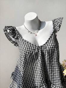 Sweetra Summer New Pink Plaid Asymmetrical Ruffle Design Fashionable Sleeveless Camisole - Black - View 6