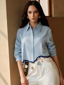 Anewsta Women's New Blue Heavy-Duty Sea Element Crocheted Shirt - Blue - View 8