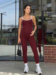 SHEIN Maternity Contrast Color Camisole & Pants Set,Word Cup - Burgundy - View 10