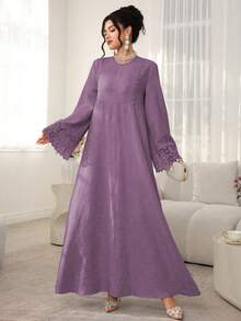 Al Najma Solid Color Round Neck Loose Long Sleeve Patchwork Ribbon Dress, Casual Resort Wear - Purple - View 7