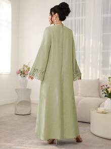 Al Najma Vestido de manga larga suelta con cuello redondo de unicolor, con cinta de empalme, para uso casual de vacaciones - Verde - Ver 2