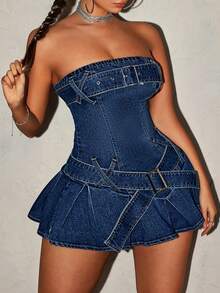 Jeanoix Đầm denim mini dáng ôm gợi cảm cỡ lớn, có thắt lưng, thích hợp cho mùa hè. - Màu xanh lam - Xem 5