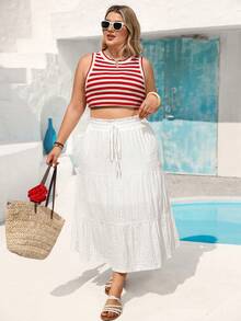 Vivid Eden Women's Plus Size White Eyelet Tiered Midi Skirt,Summer Boho Vacation Holiday Beach Casual Bohemian Birthday Outfit Drawstring Ruffle Hem - White - View 8