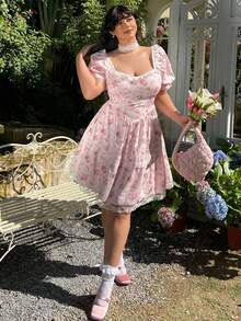 Lyrianda Đầm dáng Pháp cỡ lớn, in hoa, viền ren, thích hợp mặc mùa xuân/hè. - Hồng - Xem 6