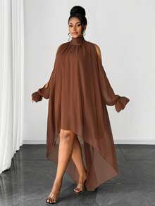 Gaun Maweii Plus Size Wanita Warna Polos Depan Pendek Belakang Panjang/ Sempurna Untuk Kencan, Jalan-jalan, Dan Lainnya, Manis dan Seksi untuk Musim Gugur - Coklat - View 4