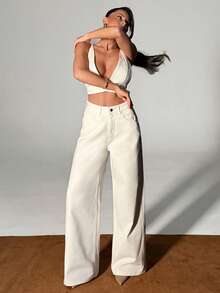 SHEIN Women's Deep V-Neck Cropped Camisole And Wide Leg Pants Sexy Set - Medium Wash - View 4