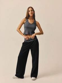 Aralina Contrast Ribbed Wide Waistband And Wide Leg Baggy Track Pants - Black - View 8