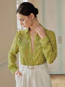 Anewsta Women's Autumn New Floral Lace Patchwork Chiffon Jacquard Blouse Teachers' Day Golf Pastal Sexy - Green - View 4
