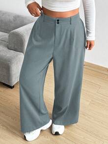 Vionelle Plus Size Casual Versatile Loose Solid Color Wide Leg Pants - Grey - View 1