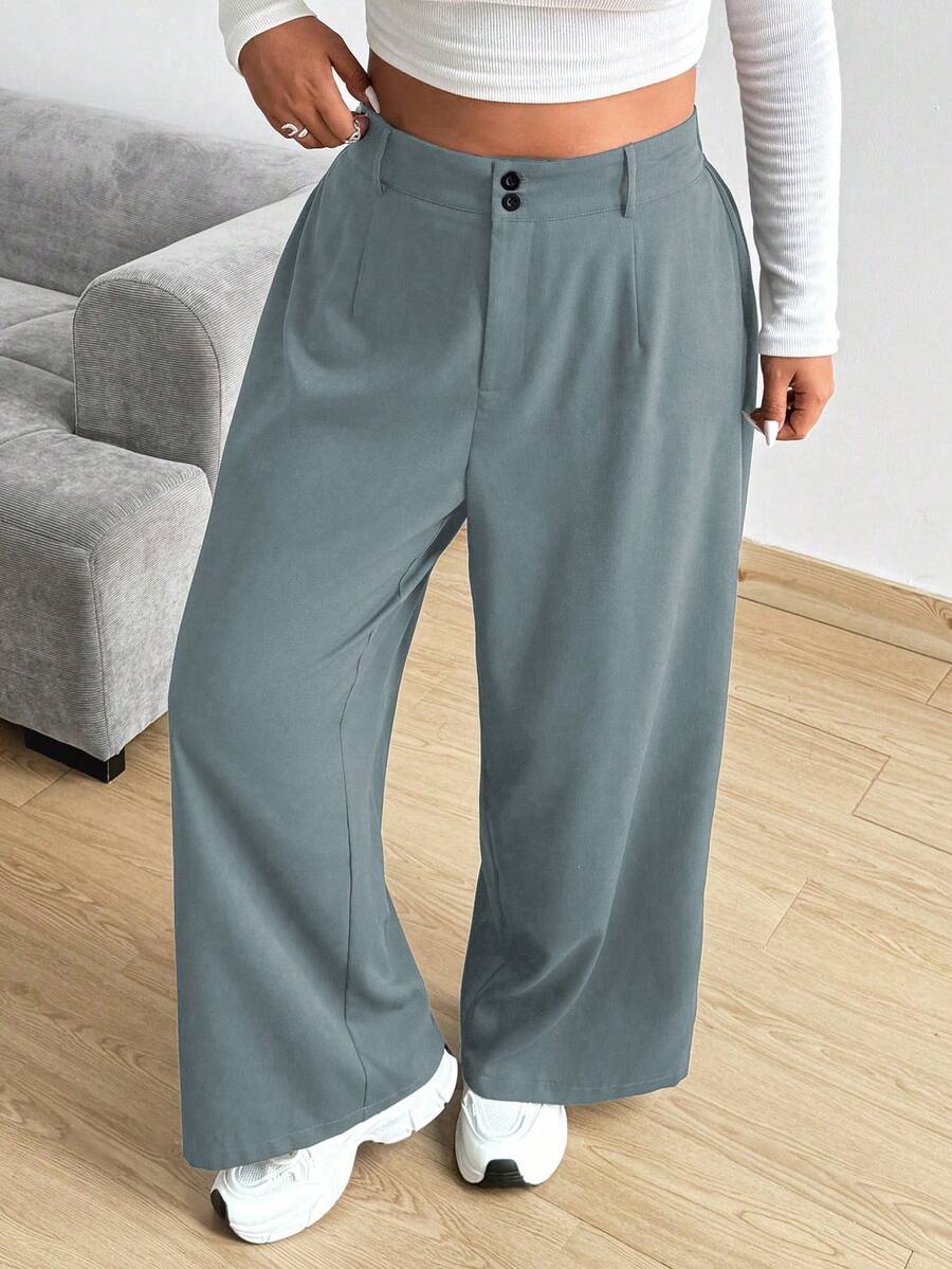 Vionelle Plus Size Casual Versatile Loose Solid Color Wide Leg Pants - Grey - View 1