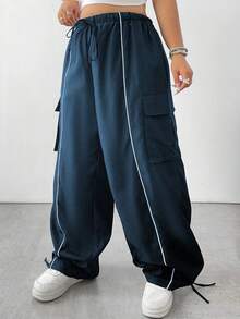 POPSWAY Pantalones cargo de talla grande con cintura elástica y cordón, con bolsillos y puños acanalados - Azul Marino - Ver 7