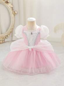SHEIN Glamorique Kids 女婴公主薄纱连衣裙，粉色网纱连衣裙，泡泡袖，生日派对，婚礼节日正式礼服，珠宝装饰，四季皆宜，优雅正式礼服 - 淺粉色 - 查看 3