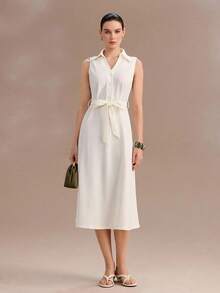 Uhlyne Women's Fashionable New Luxury High-End Apricot Sleeveless Lapel Button Design Waist Belt Slimming Elegant Versatile Commute Party Street Elegant Mid-Length Dress - Apricot - View 1