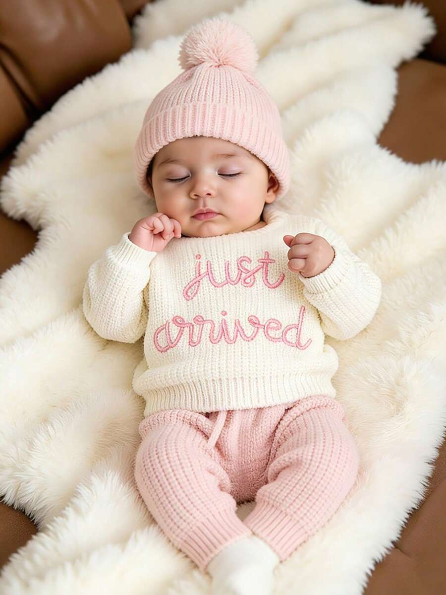 SHEIN 3Pcs Set Baby Hospital Arrival Announcement Outfit 1-3 Month Baby Knitted Tops And Pants With Hat Newborn Photo Shoot Props Neutral Baby Coming Home Outfit - Baby Pink - View 1