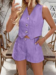 EMERY ROSE Bộ đồ nữ gồm áo ba lỗ cổ chữ V cài một hàng và quần short, kiểu dáng thường ngày. - Màu tím - Xem 6