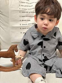 Hapijoa 2件組男嬰條紋愛心印花長袖上衣與休閒長褲居家服套裝，適合春/秋/夏季幼兒 - 深灰色 - 查看 6