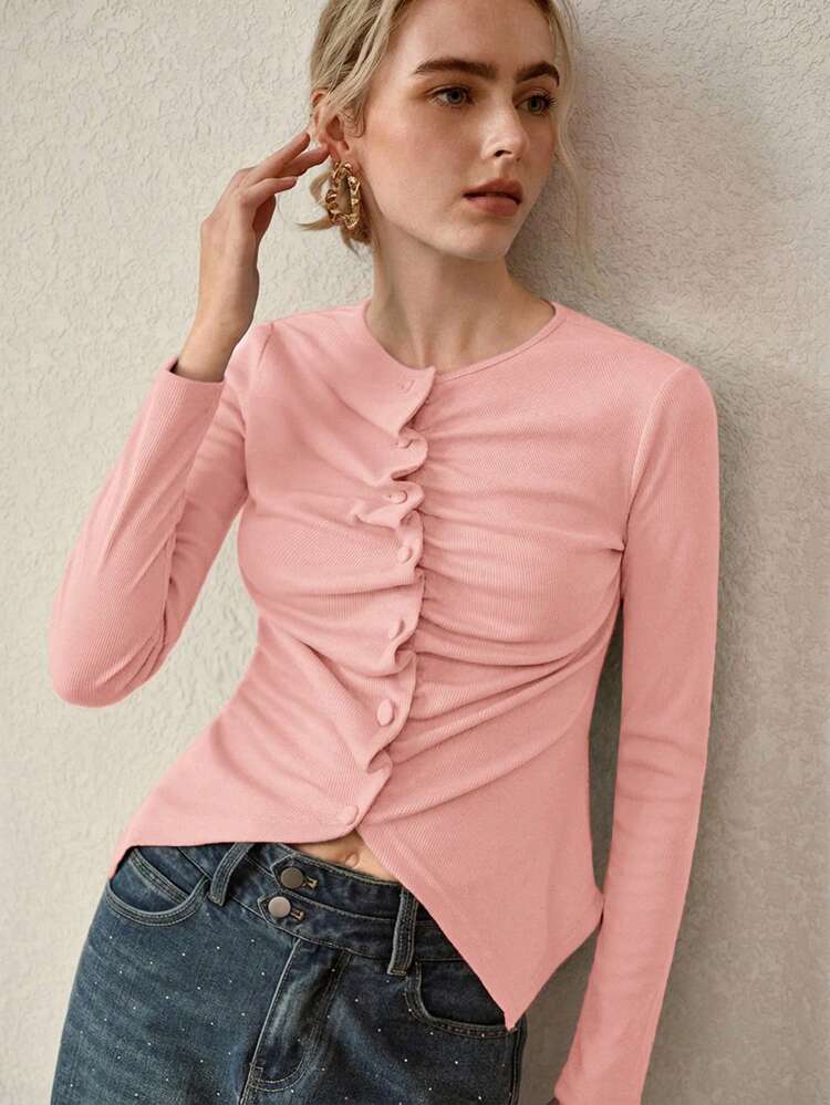 WOMEN'S RUCHED BUTTON FLY RIB-KNIT LONG SLEEVE T-SHIRT TOP, AUTUMN/WINTER