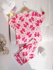 SHEIN 女童圆领蝴蝶结印花短袖上衣和裤子休闲家居服睡衣套装 - 彩色 - 查看 4