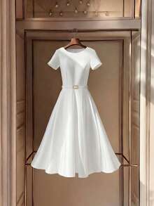 EMERY ROSE Women's Faux Pearl Chain Belt Long Dress - White - View 8