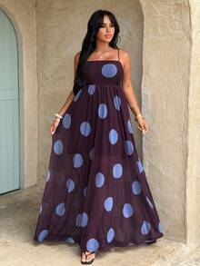 Rustia 大码女式波点优雅吊带高弹力网纱波点印花连衣裙，沙滩度假长裙 - 彩色 - 查看 3