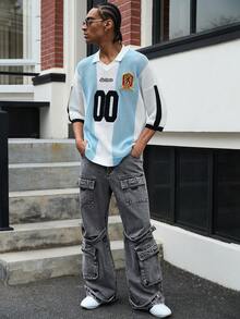 GALLERY FADE 男士休闲街头风多口袋灰色阔腿牛仔裤 - 深灰色 - 查看 9