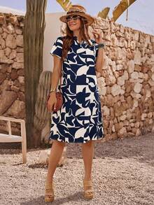 EMERY ROSE 大码女式夏季休闲几何印花短袖连衣裙 - 寶藍色 - 查看 6