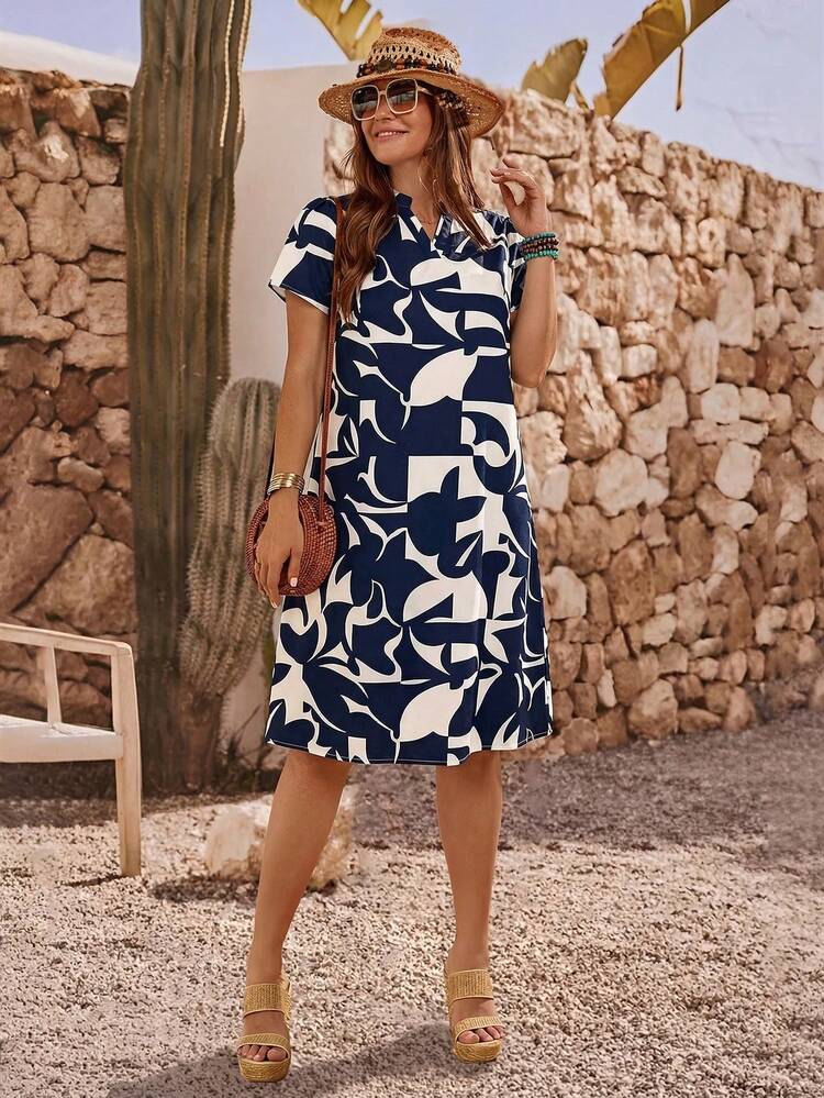 Plus Size Women's Summer Casual Vacation Country Black Geometric Print Short Sleeve Dress,Summer\Vacation,Summer Holiday,Spring Break Outfits ,Vacation Outfits Women ,Holiday Outfits For Women,Going Out Outfits,2026 New Clothes,Simple And Fashionable For Everyday Wear,Suitable For Summer, Vacation, Daily Wear,Suitable For Summer, Vacation, Daily Wear,Dresses For Women,Flowy Dress ,Beach Outfits For Women,Casual Vacation Boho Dress