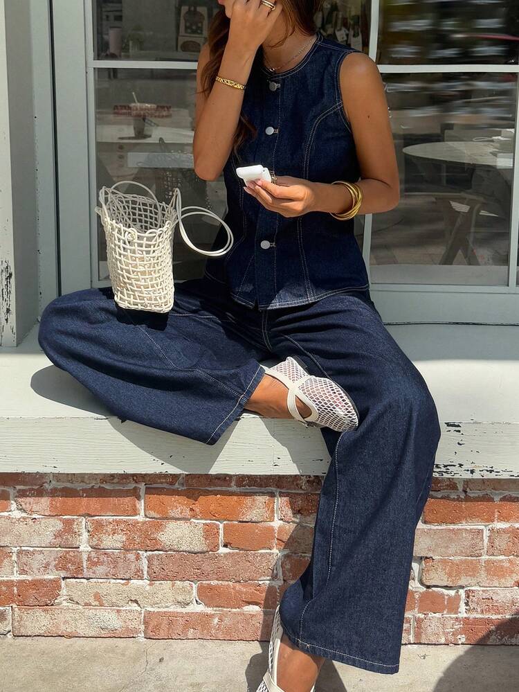 Women's Single-Breasted Denim Vest And Wide-Leg Denim Pants Set