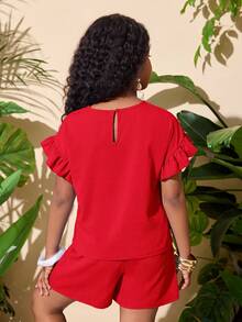 2pcs Tween Girls Casual Vacation Set: Short Sleeve Top & Elastic Waist Shorts - Red - View 2