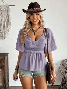 LanaWest 女士复古杏色时尚V领镂空钩编拼接花瓣袖松紧腰宽松下摆波西米亚风衬衫，适合春夏穿着 - 紫色 - 查看 6