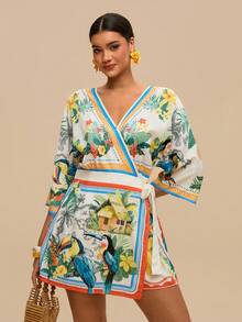 Travachic Jumpsuit Romper Kasual Wanita Ukuran Besar Model V-Neck Motif Bunga Warna Cokelat untuk Olahraga Musim Gugur - MultiWarna - View 1