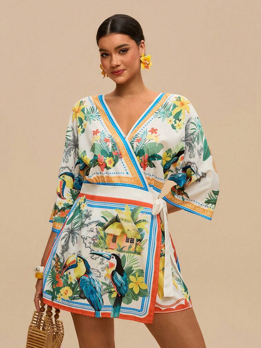 Travachic Jumpsuit Romper Kasual Wanita Ukuran Besar Model V-Neck Motif Bunga Warna Cokelat untuk Olahraga Musim Gugur - MultiWarna - View 1