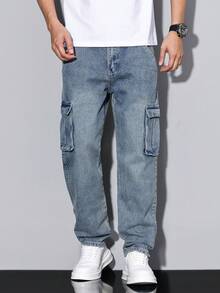 Manfinity Homme Men's Casual Cargo Jeans, Minimalist & Fashionable For Everyday Wear - Blue - View 4